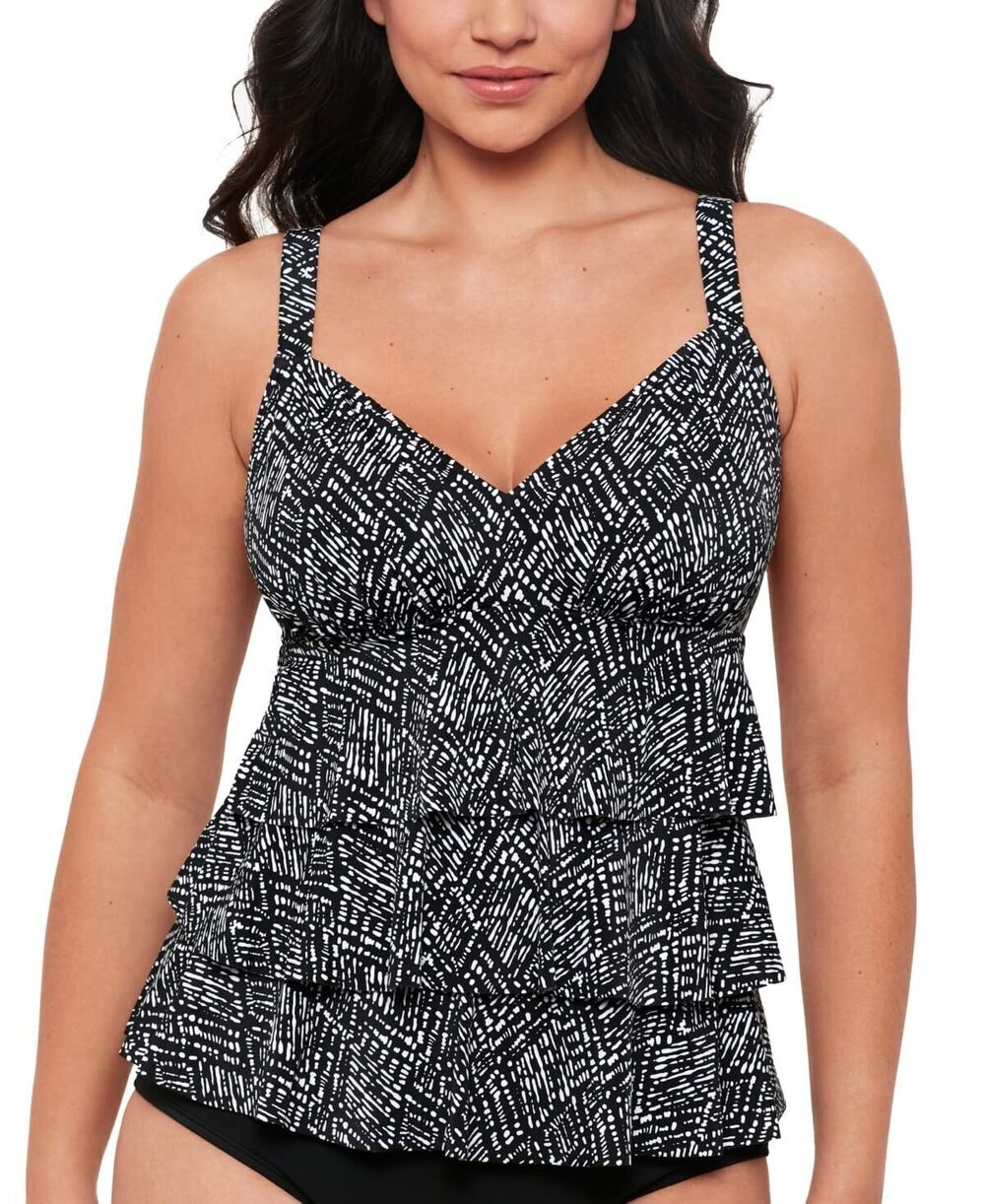 Swim Solutions Women's Black/White Triple Tier Tankini Top 18 NWT